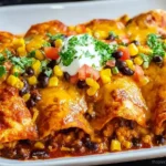 Sweet Potato Corn and Black Bean Enchiladas baked with melted cheese, corn, and black beans topped with sour cream and cilantro.