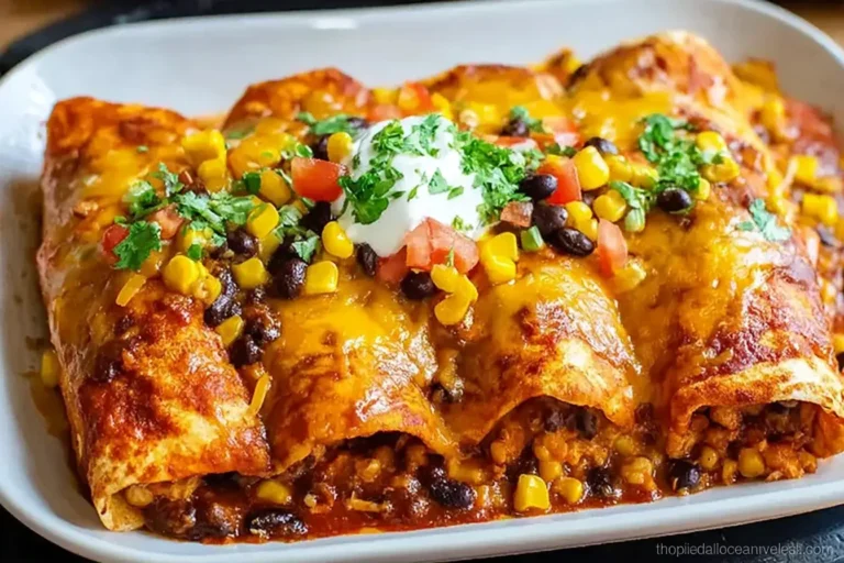 Sweet Potato Corn and Black Bean Enchiladas baked with melted cheese, corn, and black beans topped with sour cream and cilantro.