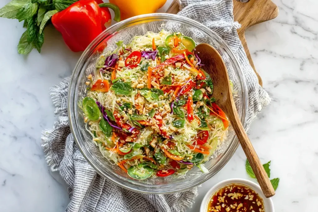 Spring Roll Salad with Spicy Ginger Dressing featuring colorful veggies, rice noodles, and a sprinkle of peanuts for crunch.