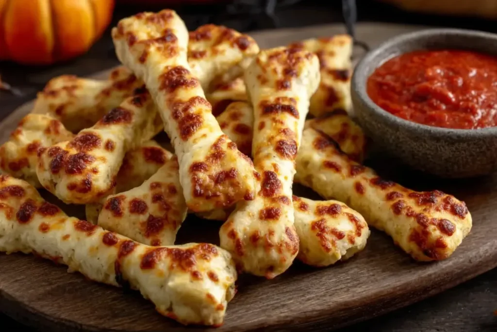 Cheesy Halloween Breadstick Bones with marinara sauce, the perfect spooky snack for Halloween parties.