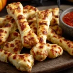 Cheesy Halloween Breadstick Bones with marinara sauce, the perfect spooky snack for Halloween parties.