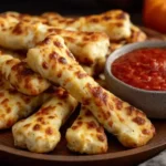 Cheesy Halloween Breadstick Bones with marinara sauce, perfect for Halloween parties.