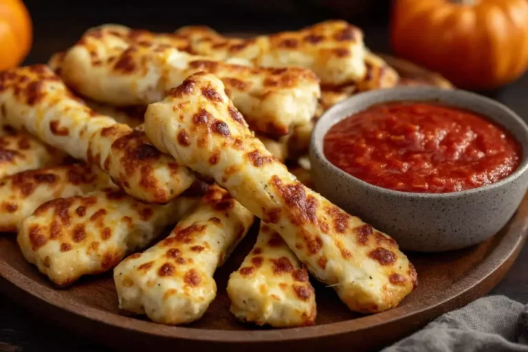 Cheesy Halloween Breadstick Bones with marinara sauce, perfect for Halloween parties.