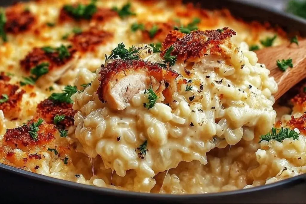 Angel Chicken Casserole with creamy rice, golden chicken, and melted cheese served in a skillet.