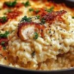 Angel Chicken Casserole with creamy rice, golden chicken, and melted cheese served in a skillet.