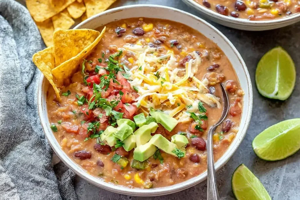 Crockpot Vegetarian Tortilla Soup topped with avocado, cheese, tomatoes, cilantro, and tortilla chips in a hearty lentil and bean base.