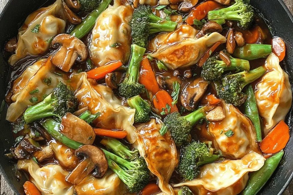 Close-up of potsticker stir fry with vegetables and savory sauce.