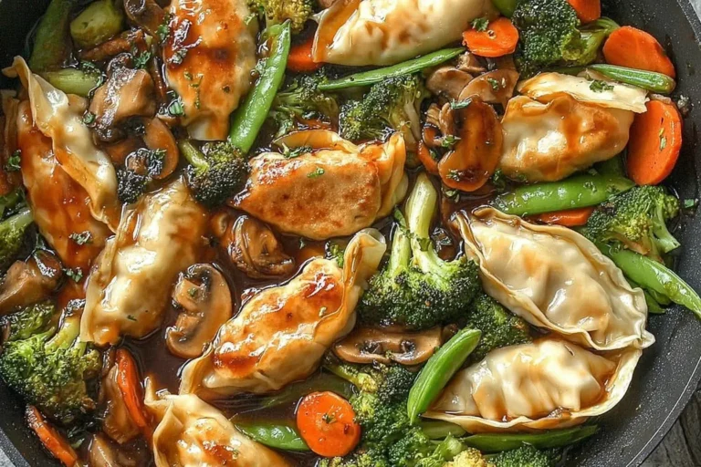 Colorful potsticker stir fry with broccoli, mushrooms, carrots, and snap peas in a savory soy-ginger sauce.
