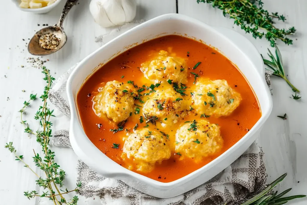 Tomato Soup with Cheddar Bay Dumplings in a white dish, garnished with fresh herbs.