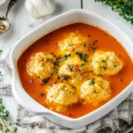Tomato Soup with Cheddar Bay Dumplings in a white dish, garnished with fresh herbs.