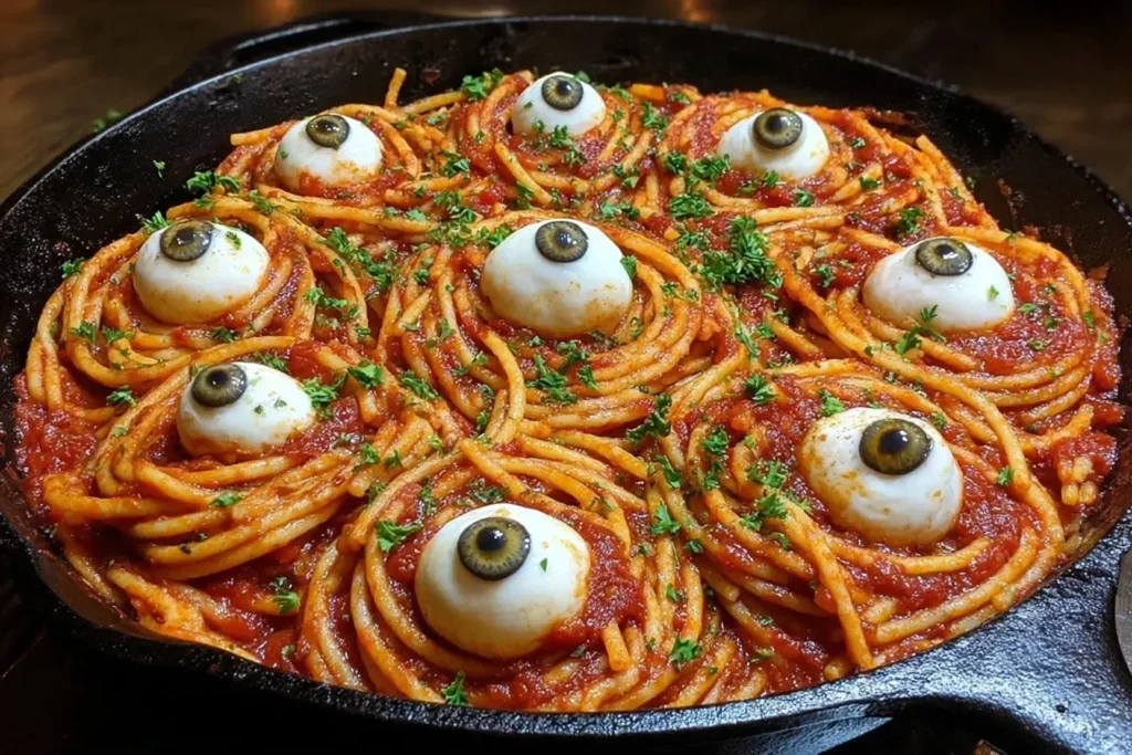 Bloody Spaghetti with Mozzarella Eyeballs in a skillet, spooky Halloween pasta with olive-stuffed cheese eyeballs