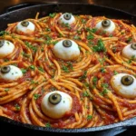 Bloody Spaghetti with Mozzarella Eyeballs in a skillet, spooky Halloween pasta with olive-stuffed cheese eyeballs