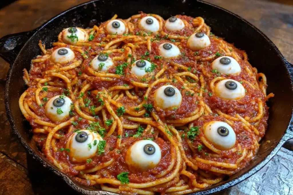 Bloody Spaghetti with Mozzarella Eyeballs in a cast iron skillet, spooky pasta with tomato sauce and olive-stuffed cheese eyes.