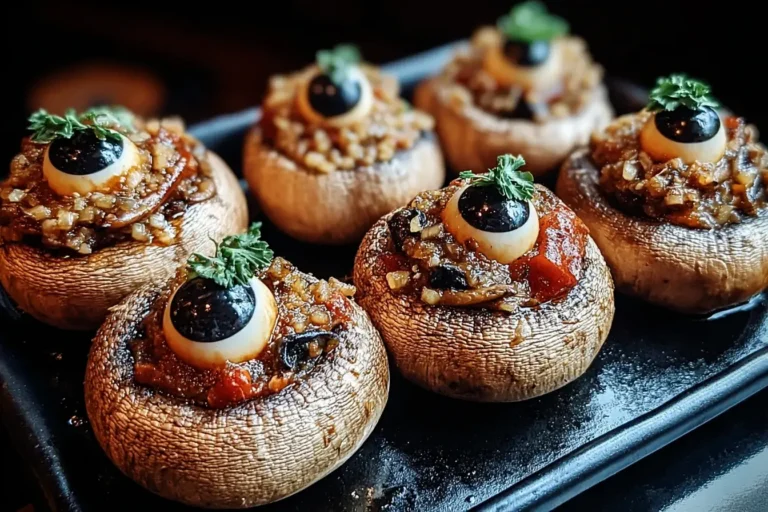 Stuffed Mushroom Eyeballs appetizer with olives and herbs for Halloween party