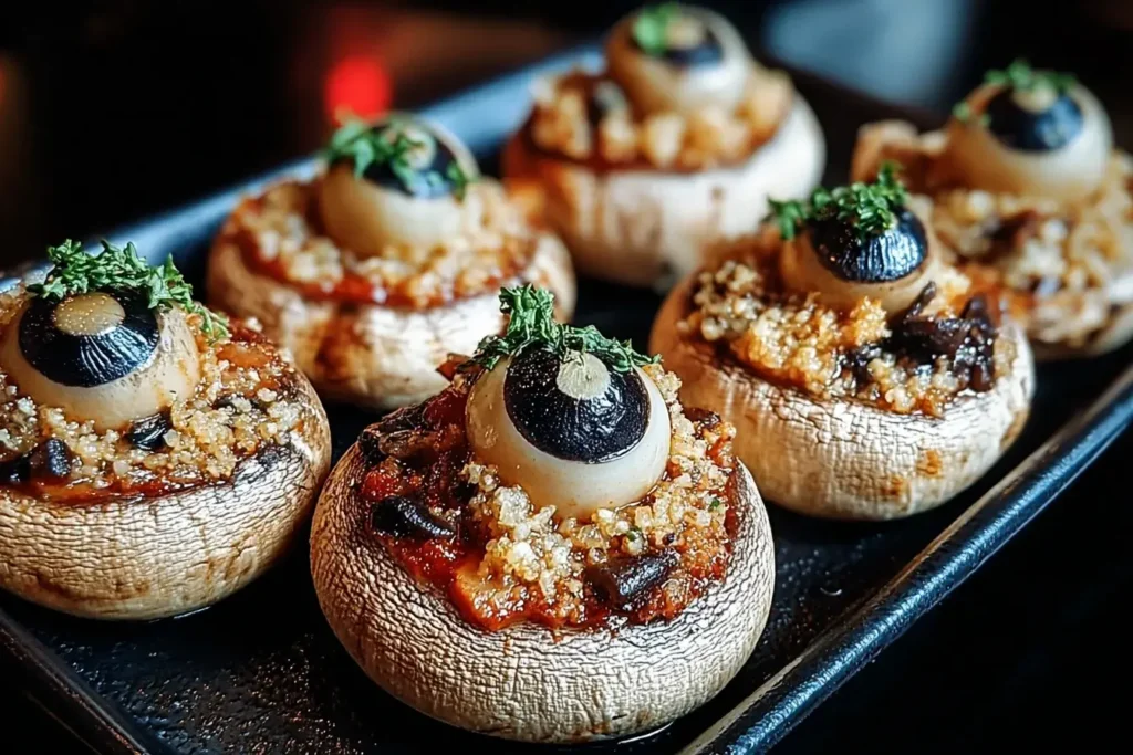 Stuffed Mushroom Eyeballs with olive pupils and cheesy filling for a spooky Halloween appetizer