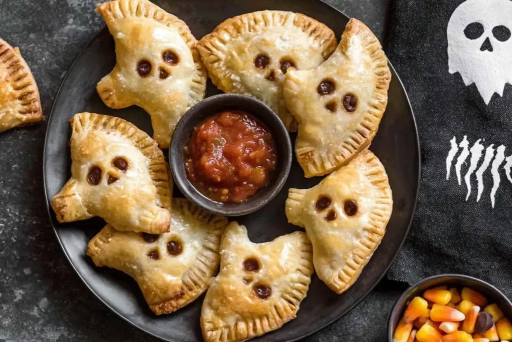 Golden Ghost Taco Hand Pies arranged on a black plate with salsa dip, a festive Halloween party snack.