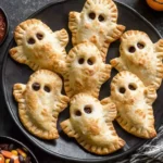 Homemade Ghost Taco Hand Pies baked to golden perfection on a black plate, perfect for Halloween parties and family fun.