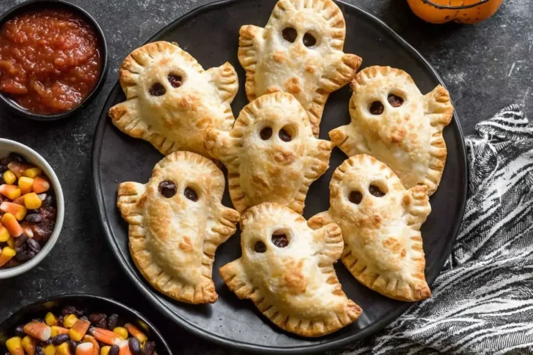 Homemade Ghost Taco Hand Pies baked to golden perfection on a black plate, perfect for Halloween parties and family fun.