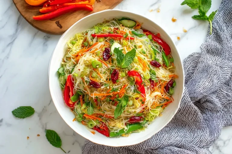 Spring Roll Salad with Spicy Ginger Dressing, featuring rice noodles, fresh vegetables, and herbs.