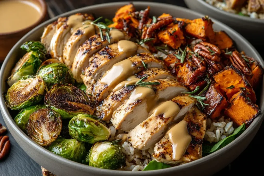 Maple Dijon Chicken with roasted sweet potatoes, Brussels sprouts, and pecans served in a cozy grain bowl.