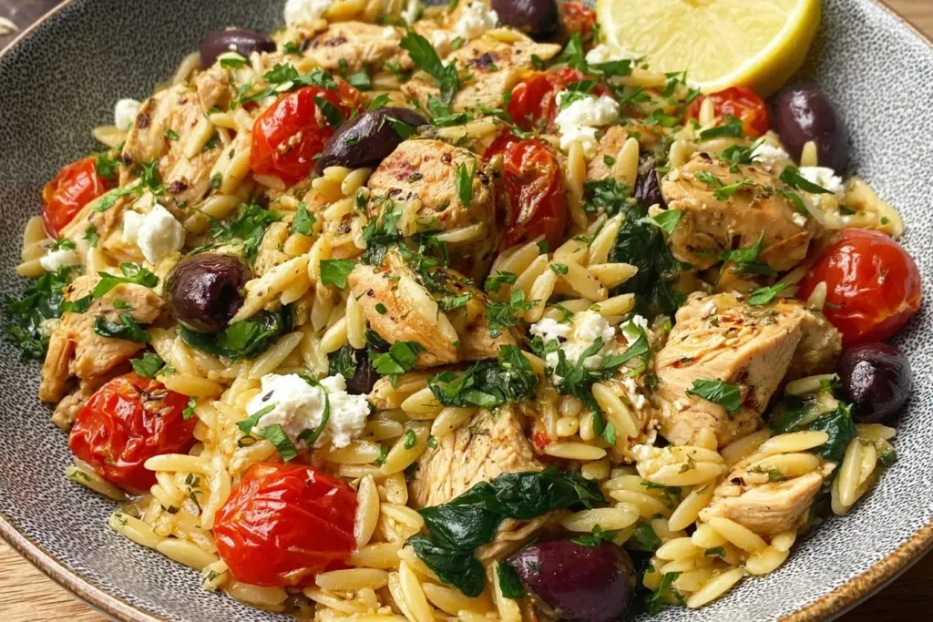 High Protein Mediterranean Chicken Orzo with juicy tomatoes, olives, spinach, and feta served in a rustic bowl.
