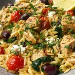 High Protein Mediterranean Chicken Orzo with juicy tomatoes, olives, spinach, and feta served in a rustic bowl.