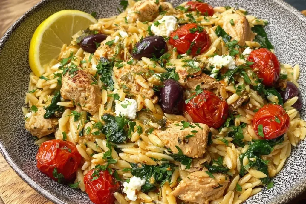 High Protein Mediterranean Chicken Orzo with juicy chicken, cherry tomatoes, olives, spinach, and feta garnished with fresh parsley.