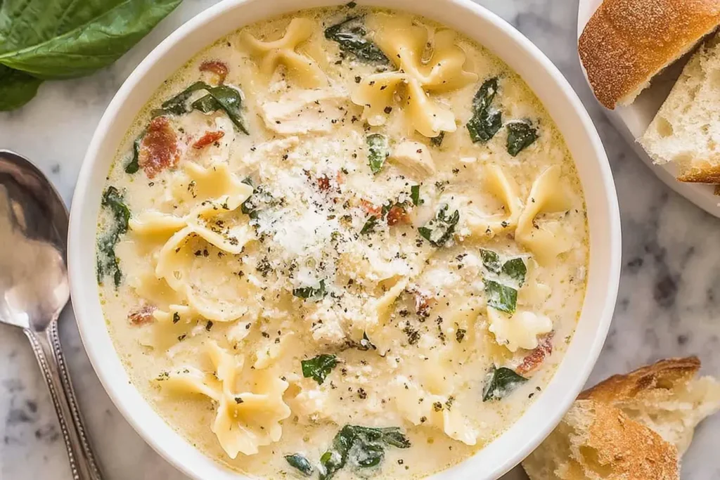 Creamy White Lasagna Soup in a bowl with bowtie pasta, spinach, and parmesan cheese, served with crusty bread.