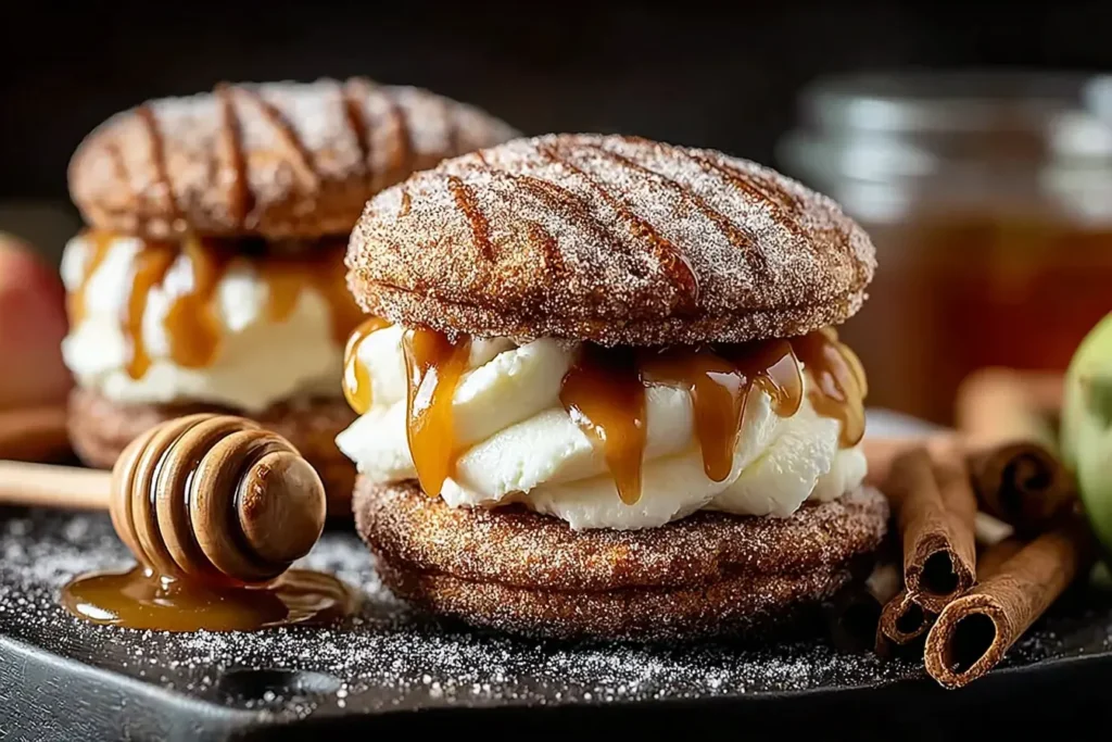 Apple Cider Whoopie Pie Cookies with Caramel filled with cream and drizzled caramel sauce