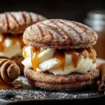 Apple Cider Whoopie Pie Cookies with Caramel filled with cream and drizzled caramel sauce
