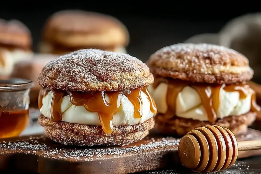 Apple Cider Whoopie Pie Cookies with Caramel topped with powdered sugar and filled with cream