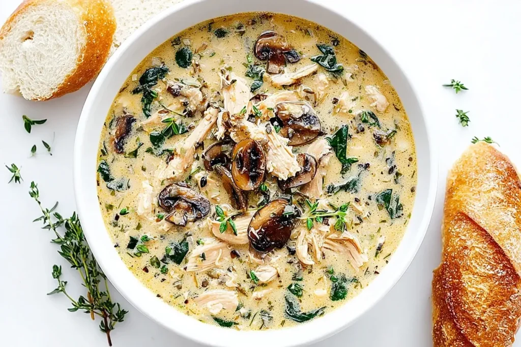 Creamy Rotisserie Chicken and Mushroom Soup with spinach and thyme served in a white bowl with crusty bread.