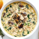 Creamy Rotisserie Chicken and Mushroom Soup with spinach and thyme served in a white bowl with crusty bread.