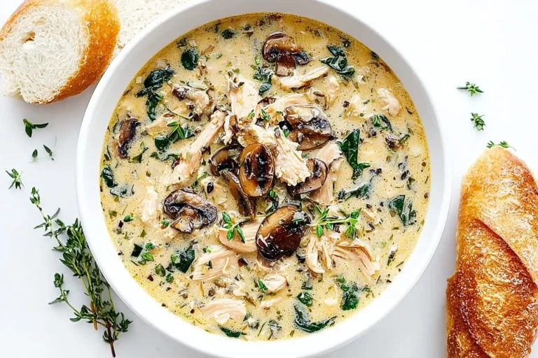 Creamy Rotisserie Chicken and Mushroom Soup with spinach and thyme served in a white bowl with crusty bread.