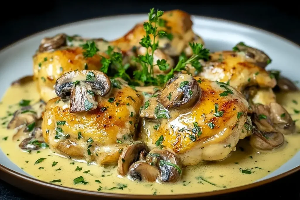 Creamy Garlic Mushroom Chicken Thighs with golden seared skin, mushrooms, and fresh parsley in a rich creamy garlic sauce.