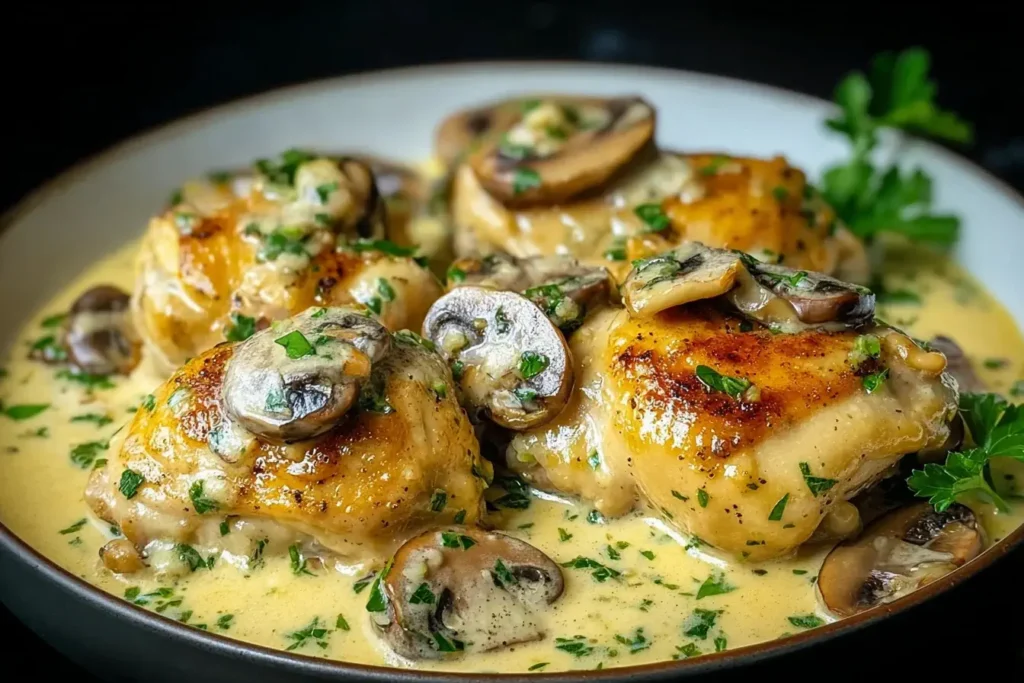 Creamy Garlic Mushroom Chicken Thighs in a skillet with golden skin, mushrooms, and fresh parsley in a rich creamy garlic sauce.