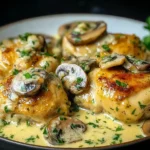 Creamy Garlic Mushroom Chicken Thighs in a skillet with golden skin, mushrooms, and fresh parsley in a rich creamy garlic sauce.