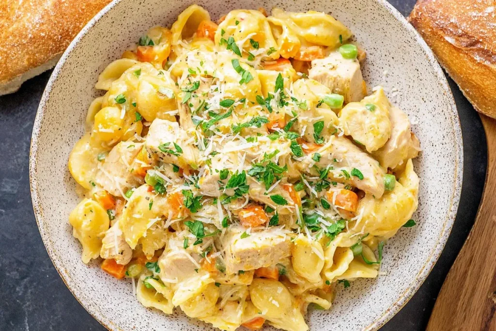 Creamy Chicken Pot Pie Pasta with shell noodles, chicken, peas, and carrots in a rich sauce, topped with Parmesan and parsley.