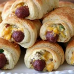 Golden brown crescent rolls filled with cheese, jalapeno, and Little Smokies—delicious Jalapeno Popper Pigs in a Blanket on a white plate.