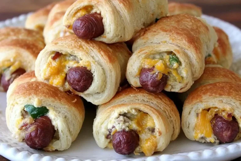 Golden brown crescent rolls filled with cheese, jalapeno, and Little Smokies—delicious Jalapeno Popper Pigs in a Blanket on a white plate.
