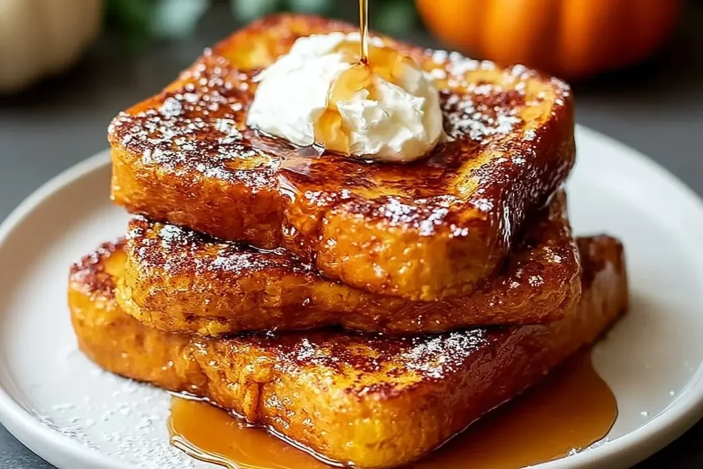 Pumpkin French Toast Breakfast stacked with whipped cream and maple syrup drizzle.