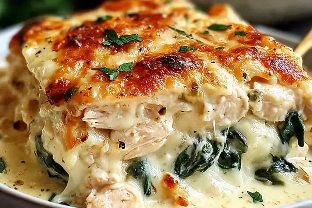 Close-up slice of Creamy Chicken and Spinach Casserole with golden melted cheese and rich creamy sauce.