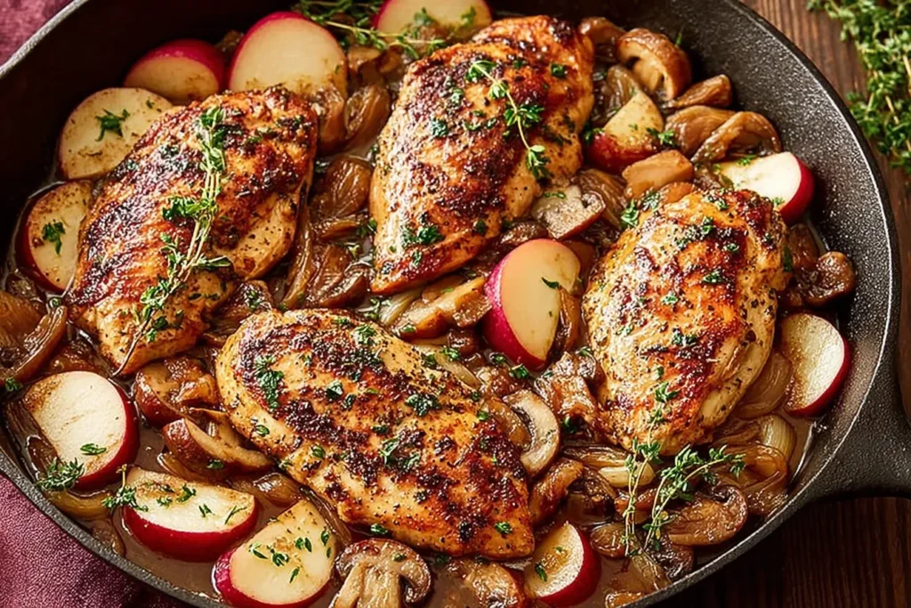 Autumn Harvest Chicken Skillet with mushrooms, apples, and golden-seared chicken in a savory cider herb sauce.