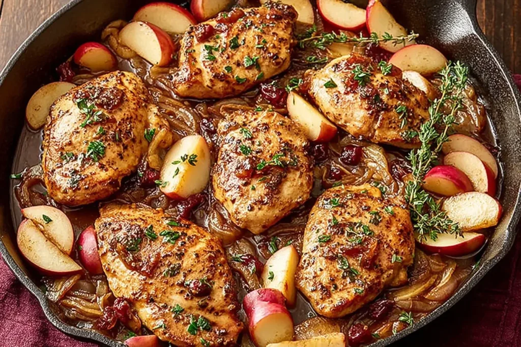 Autumn Harvest Chicken Skillet with seared chicken breasts, apples, onions, and fresh thyme in a cast iron pan.