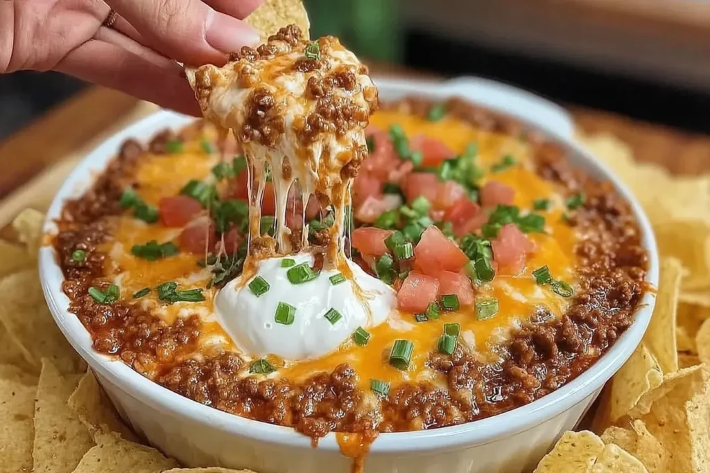 Cheesy Meaty Texas Trash Dip being scooped with a tortilla chip, showing melted cheese, seasoned beef, sour cream, diced tomatoes, and green onions.