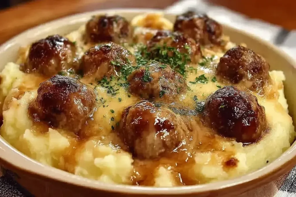 Golden Meatball and Mashed Potato Bake with rich brown gravy and fresh herbs served in a round casserole dish.