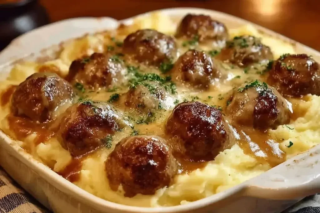 Creamy Meatball and Mashed Potato Bake topped with gravy and melted cheese in a casserole dish.