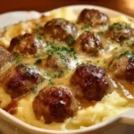 Creamy Meatball and Mashed Potato Bake topped with gravy and melted cheese in a casserole dish.