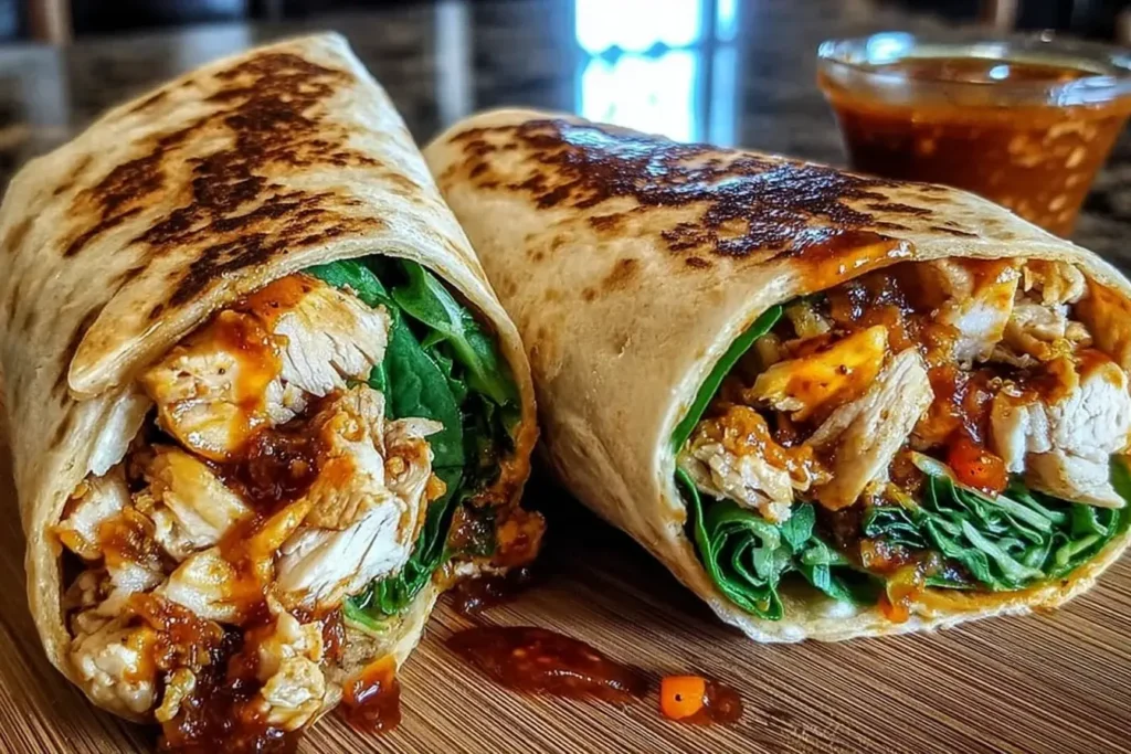Close-up of Sweet Chili Chicken Wraps filled with tender chicken, fresh greens, and drizzled with spicy-sweet chili sauce on a wooden board.