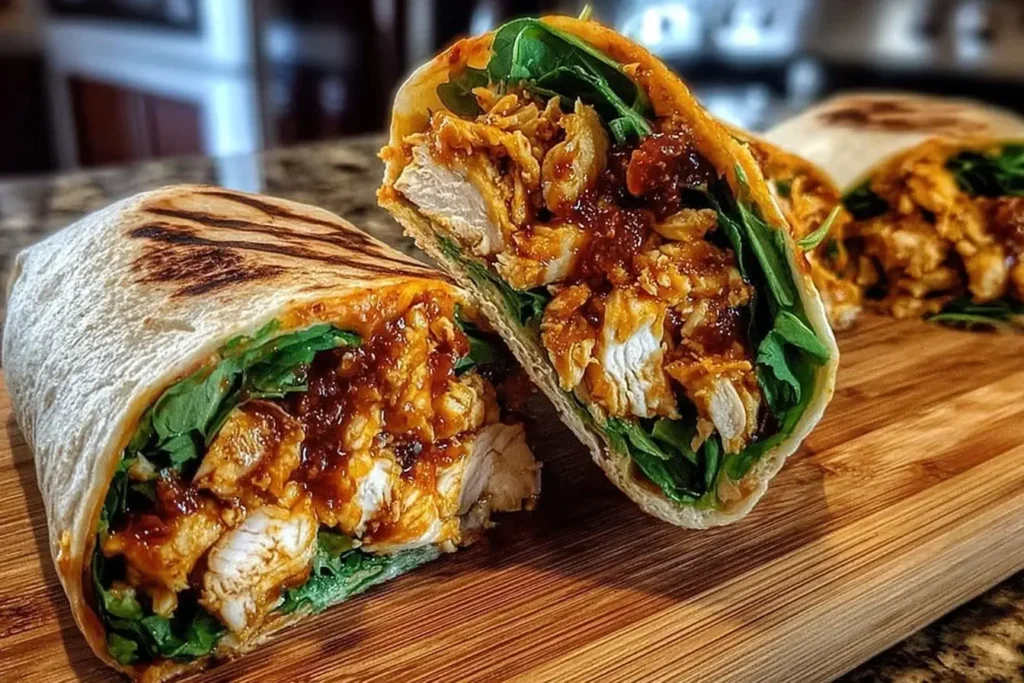 Sweet Chili Chicken Wraps sliced open to show juicy chicken, fresh greens, and sweet-spicy chili sauce inside a toasted tortilla.